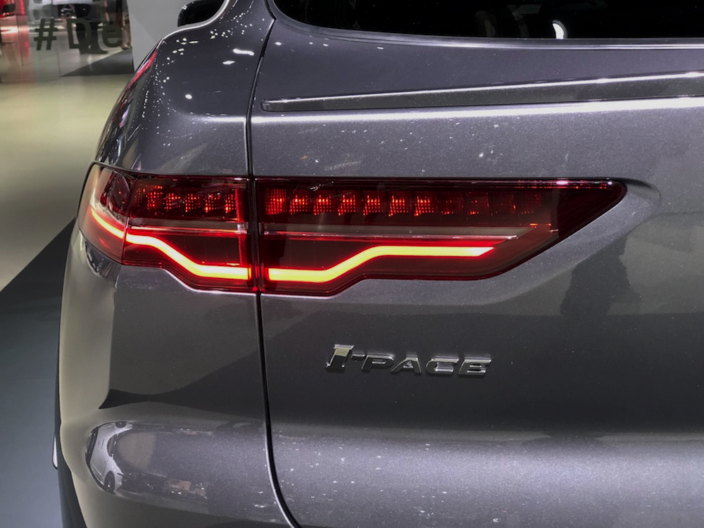 Jaguar I-Pace electric vehicle taillight closeup at L.A. Auto Show 2019 in Los Angeles